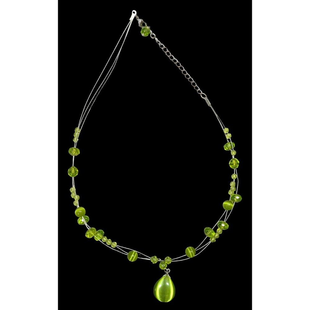 Fairycore Green Cateye Glass Beaded Pendant Necklace